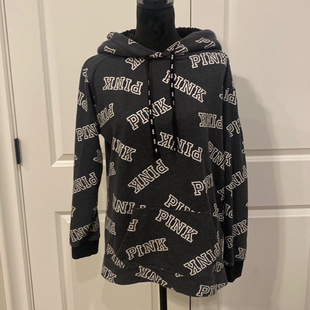 Pink VIctoria Secret Black and White All Over Logo Hoodie